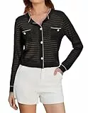 GRACE KARIN Damen Langarm Cardigan mit Knöpfen Leichte Sommerjacke mit Hohlkehle Schwarz L