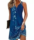 Yeenily Damen Bohemian Ärmellos Kleid V-Ausschnitt Blumenmuster Tunikakleider A Linien Lose Lässiges MiniKleid Freizeitkleid(Ärmellos Dunkelblau,XXL)
