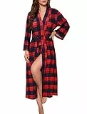 Evolyline Bademantel Damen Leicht Lang Morgenmantel Weihnachten Kariert V-Ausschnitt Nachthemd Langarm Spitze Kimono Bathrobe Women Sauna Hausmantel