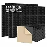 Fiqops 144 Stück Akustikschaumstoff Selbstklebend Akustikpaneele 5x30x30 cm Schalldämmung wand Echo-Fliesen reduzieren,Schallschutz für Tonstudio,Gaming Deko,Podcasts, Schwarz Pyramide