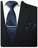 JEMYGINS Herren Hochzeit Krawatten-Set mit Karomuster und passendem Einstecktuch sowie Krawattenklammer - einfarbig in verschiedenen Farben erhältlich Navy blau