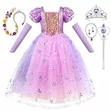 AOOWU Prinzessin Kleid Mädchen, Rapunzel Kostüm Kinder Lila Prinzessin Kostüm mit Krone Wig Zauberstab, Puffärmel Princess Rapunzel Kleid für Karneval, Halloween, Geburtstag,100cm