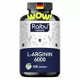 L-Arginin Kapseln Hochdosiert - 365 Vegane Kapseln - 6000 mg pflanzliches L Arginin HCl pro Tagesdosis (davon 4976 mg rein) - Ohne Zusatzstoffe & Laborgeprüft - Raibu