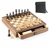 Magnetisches Schach- und Damespiel aus Walnussholz – 2-in-1 Brettspiel mit Aufbewahrungsschublade, 2 Extra-Damenfiguren, 24 Damespielsteine – Holz-Schachspiel für Kinder & Erwachsene