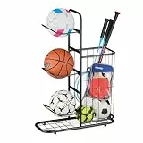Relaxdays Ballständer, 3 abnehmbare Ballhalterungen, für Basketball, Fußball, Sportgeräteregal mit Korb, Metall, schwarz