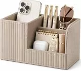 KINGFOM Stifte Organizer, PU Leder Stiftehalter Schreibtisch Mit 3 Taschen, Stiftebox Stifteköcher, Schreibtisch Organizer Stifte für Büro/Zuhause (Beige)