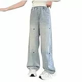 XINYUNZU Baggy Jeans Mädchen Weites Bein Jeanshose mit Gummizug Wide Leg Outdoorhose Breite Hose High Waist Freizeithose Pants Girls Mode Hosen für Kinder Frühling Sommer Marineblau 14 Jahre