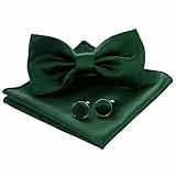 JEMYGINS Fliege Herren Dunkelgrün 3 Satin Zweifach Gefaltet und Einstecktuch mit Manschettenknöpfe Sets(15)