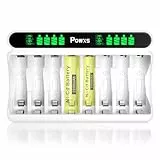 POWXS 8-Slot Batterie-Ladegerät mit 8x 1100mAh AAA Akkus – Komplett-Set für AA & AAA Ni-MH/Ni-CD – Intelligentes Schnellladegerät mit LCD-Display & Dual-Input (Micro-USB/Type-C) – Wiederaufladbare Bat
