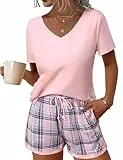 Litherday Schlafanzug Damen Kurz Baumwolle Pyjama Kurzarm Sommer Shorty Nachtwäsche Set Schlafhose Gedruckt Sleepwear V Kariert Aussschnitt Loungewear,Rosa Kariert,XXL