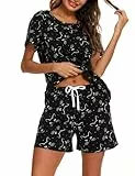 ENJOYNIGHT Schlafanzug Damen Kurz Pyjama Set Baumwolle Kurzarm Top und Kurze Hose Zweiteiliger Nachtwäsche Sommer Hausanzug Loungewear (XX-Large,Schwarze Katze)