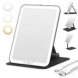 Auxmir Kosmetikspiegel mit Beleuchtung, Ultra Dünn Schminkspiegel mit 3 Lichtfarben, LED Spiegel mit Beleuchtung, USB Wiederaufladbar Tischspiegel Reisespiegel für Schminktisch, Reise, Schwarz