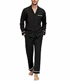 COLORFULLEAF Schlafanzug Herren Lang 100% Baumwolle Pyjama Set mit Knopfleiste Zweiteiliger Nachtwäsche Langarm Loungewear(Schwarz,XL)