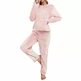 IFFEI Schlafanzug Damen Flanell Hausanzug Pyjama Set Damen lang Winter Sweatshirt und Hose Warmer kuschelig kuschel Rosa S