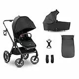 hauck Comfort N Care Set, Black - 2in1 Kinderwagen mit Gummireifen, Wanne mit Memory Knöpfe ab Geburt, Wendbarer Sitz mit Beindecke & Liegefunktion bis 22 kg, Höhenverstellbar, inkl. Autositz Adapter