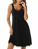 Uniexcosm Nachthemd Damen Ärmelloses Kurz Baumwolle Nachtkleid Spitze V-Ausschnitt Nachtwäsche Sexy rutschfeste Schultergurte Freizeitkleid Sleepwear Schwarz XL