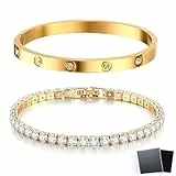 LACHT 2 Stück Armband Damen Gold-17 cm Kristallen Tennis Armband 6mm Breit Cubic Zirkonia Armreif für Frauen, Wasserfester Tennisarmband mit Edelstahl Armbänder Set Geschenke für Damen