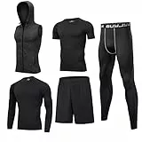 BUYJYA 5-teiliges Herren-Kompressionshose, Shirt, Oberteil, langärmelig, Sport-Sets, Fitnessstudio, Kleidung, Herren-Workout, Large