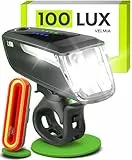 VELMIA Fahrradlichter Set [100 LUX] StVZO zugelassen mit besonders starker Ausleuchtung und 8,5h Leuchtdauer I LED Fahrradlicht Set regenfest und aufladbar I Fahrrad Licht, Fahrrad Zubehör Schwarz