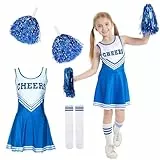 DAZZTIME Cheerleader Kostüm Kinder,Cheerleadering Outfit Mädchen,Kinderkostüm Cheerleader,Cheerleader Kostüm Mädchen,Kinder Cheer Outfit mit Pompoms Socken für Karneval Halloween,Fasching,Mottoparty