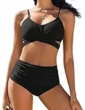 UMIPUBO Bikini Set Damen High Waist Verstellbar Crossover Zurück Ties-up Zweiteiliger Badeanzug Große Brüste Strandbikini(Schwarz,XL)