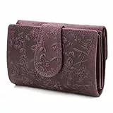 ekavale Frauen-Portemonnaie mit Blütenmuster, Leder Geldbörse für Damen mittelgroß, Riegelverschluss, RFID-Schutz (Lila)