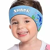 MoKo Schwimmen Stirnband, Neopren Schwimmband Ohrenband Wasserdichtes Kopfband Haarband mit Hohe Elastizität und Klettverschluss Ohrenschutz Band für Kinder Alter 3-9, M Größe, Hell Blau-Blau Hai