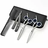ULG Haarschneideschere Ausdünnungsschere Set Professionelle Friseurschere Texturierungssalon Rasierklingenschere Friseurset1 Pro 16,5 cm Silber