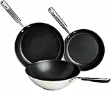 Amazon Basics 3-teiliges Brat- und Wokpfannen-Set mit Antihaftbeschichtung, induktionsgeeignet, mit bequemem Griff, Edelstahl, 24/28/28 cm