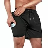 ineepor Herren Badehose mit Kompression und Innenhose - Board Shorts 2 in 1 mit Reißverschlusstasche, Schwarz, S