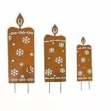 Weihnachtsdeko - LED Gartenstecker Kerzen - Beleuchtet - Rost - 3er Set