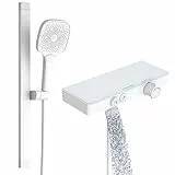 Rainsworth Duschsystem mit Thermostat und Glasablage Weiß, Duscharmatur komplettset mit 3 Strahlarten Handbrause,60 cm Aluminium Duschstange, Duschset