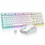 RedThunder K10 Kabelloses Gaming Tastatur und Maus Set, QWERTZ DE-Layout LED Hintergrundbeleuchtung, 3000mA Batteriekapazität und 3200 DPI für Gamer(Weiß)