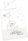 Herding Lieblingsmensch Bettwäsche-Set, Wendemotiv, Kopfkissenbezug 40 x 60 cm, Bettbezug 100 x 135 cm, Baumwolle, Flanell, Weiß/Creme