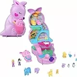 Polly Pocket Mama und Joey Känguru Tasche - 2-in-1-Spielset mit Tierkinderzimmer, 2 Puppen, 7 Tieren und Zubehör, inklusive weichem Beutel und Schatulle, perfekt für unterwegs, ab 4 Jahren, HKV50