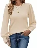 Zeagoo Pullover Damen Herbst Sweatshirt Rundhals Strickpullover Puffärmel Pulli Elegant Sweater Gestrickt Oberteile Kaffee M