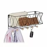 Relaxdays Wandregal mit Hakenleiste, Metall & Holz, Gitter-Design, Wandgarderobe 6 Haken, HBT: 17 x 36 x 13 cm, schwarz