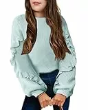 Arshiner Mädchen Pullover Laternenärmel Kinder Warm Strickpullover Lose Rundhals Winter Langarm Oberteile für Mädchen 11-12 Jahre Hellblau