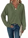 SENBATU Hoodie Damen Langarm Knopfleiste Pullover V-Ausschnitt Kapuzenpullover Sweatshirt mit Kordelzug Armeegrün Groß