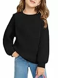 Haloumoning Sweatshirt Mädchen Rundhals Oversized Pullover Kinder Leichtgewicht Sport Langarmshirt Einfarbig Basic Langarm Tops 5-14 Jahre, Schwarz, 9-10 Jahre