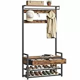 VASAGLE Garderobenständer mit Schuhbank, Garderobe, Schuhaufbewahrung, 2 Schubladen aus Stoff, 10 Haken, 6 seitliche Haken, 30 x 80,4 x 181,6 cm, vintagebraun-tintenschwarz HSR429B01
