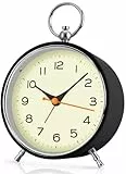 TENOCK Retro Wecker Analoge Ohne Ticken mit Nachtlicht Snooze, 4.3'' Runde Batteriebetrieben Laut für Tiefschläfer, Wecker Ohne Strahlung für Schlafzimmer Wohnzimmer (Schwarz)