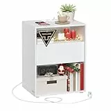 VASAGLE Nachttisch, Toolless-Technologie, superschnelle werkzeuglose Montage, Beistelltisch mit Ladefunktion, Nachtschrank mit Schublade, Schlafzimmer, mattweiß LET777W04