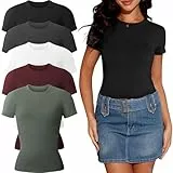 YOIOWVY 5er-Pack Tshirt Damen Basic T-Shirts für Damen Rundhalsausschnitt Shirts für Frauen, lässig, Basic, tailliert, dehnbar, T-Shirts