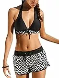 UMIPUBO Bikini Set 2 TLG Sportlicher Badeanzug Zweiteiler Zigzag, Bademode mit Oberteile und Badeshorts, Schwimmbikini Gepolstert Tank Top Swimsuits Sexy Tankini (Schwarz, S)