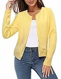 Irevial Damen Strickjacke Elegant Langarm Rundhals Cardigan Leicht Sommer Lässig Strickjacke Pullover mit Knöpfen Strickwaren Gelb M