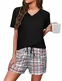 Uniexcosm Schlafanzug Damen Kurz Zweiteiliger Pyjama Shorty Baumwolle Nachtwäsche V Ausschnitt Oberteil und Kariert Shorts Sleepwear für Sommer B:Schwarz-1 S