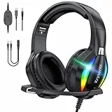 Krysenix PG1 RGB Gaming Headset für PS4, PS5, PC, Xbox, Nintendo Switch, Kabel Gaming Kopfhörer mit LED Licht, Over Ear Computer Headset mit Noise Cancelling Mikrofon und 3,5 mm Klinke,Tief schwarz