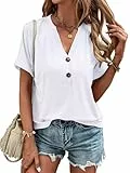 VEUNCOS T-Shirts für Damen V-Ausschnitt Kurzarm Oberteile Baumwolle Knopfleiste Longshirts Weiß XL