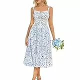 SCARLET DARKNESS Damen Floral Korsett Kleid Sommer Freizeit Milkmaid Sonnenkleid mit Taschen Weiß Dunkelblau Floral S